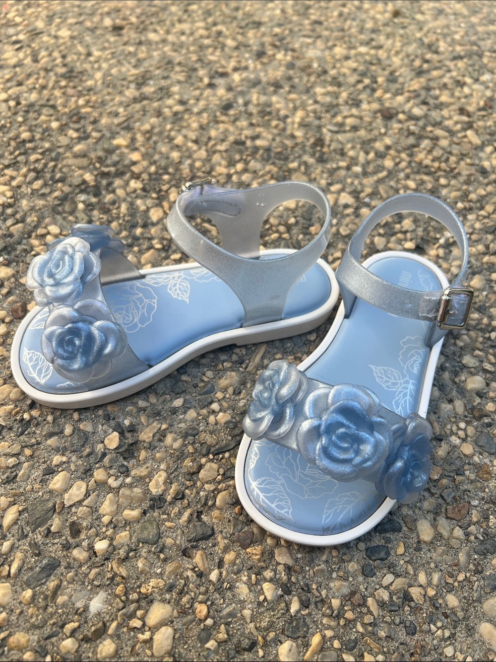Mini Melissa Light Blue Glitter Rose Appliqué Jelly Sandals